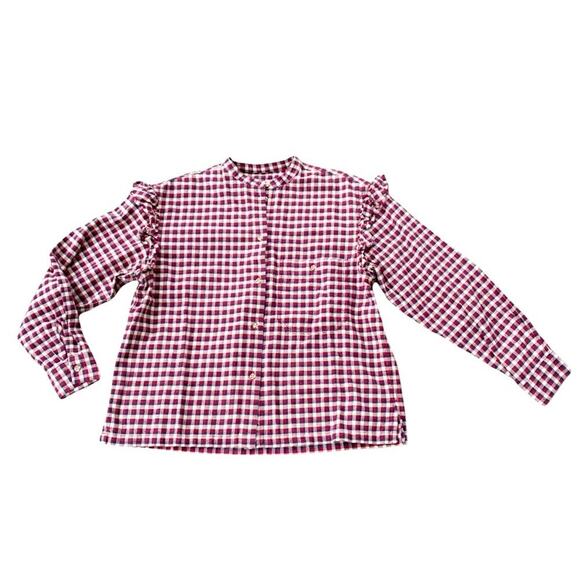 Something Navy Jaime Ruffle Sleeve Plaid Button Up Long Sleeve Top NWT XS - Picture 2 of 16